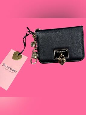 Juicy Couture ID wallet black gold heart charm credit card holder coin pouch new